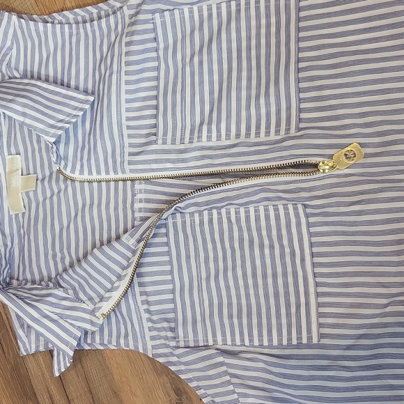 MICHAEL MICHAEL KORS Blue White Stripe Cotton Sleeveless 1/2 Emblem Zip Shirt - Picture 7 of 9